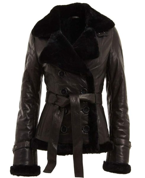 Women's Aviator Double Breasted Belted Black Leather Jacket