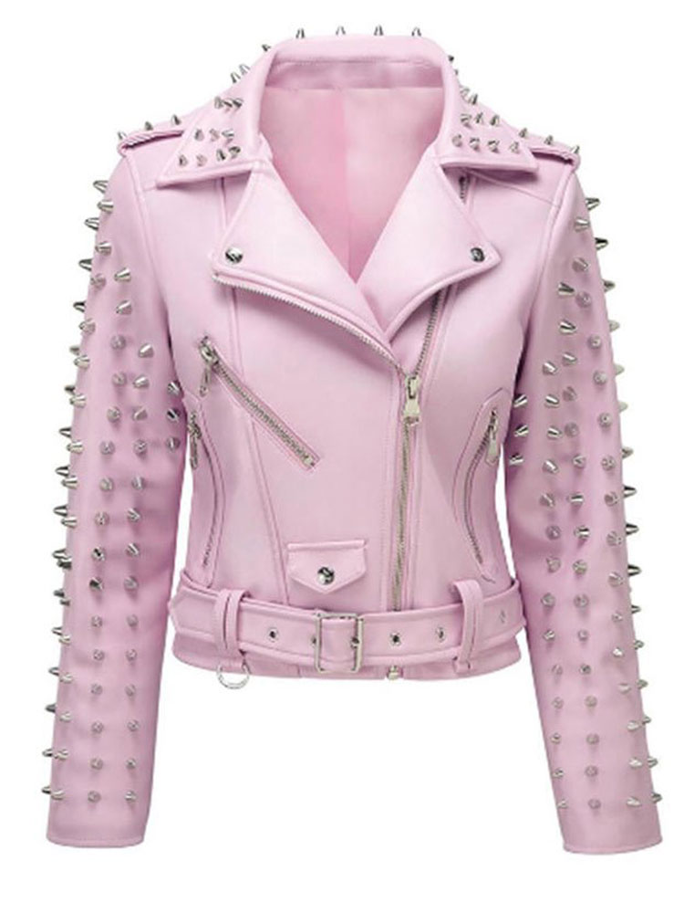 Women's Studded Biker Pink Leather Asymmetrical Jacket