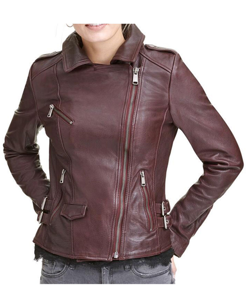 Womens Biker Asymmetrical Burgundy Leather Jacket