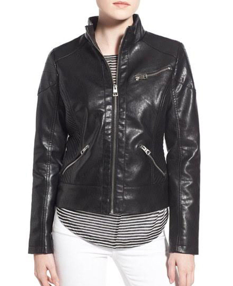 Women's Stand Collar Black Faux Leather Jacket