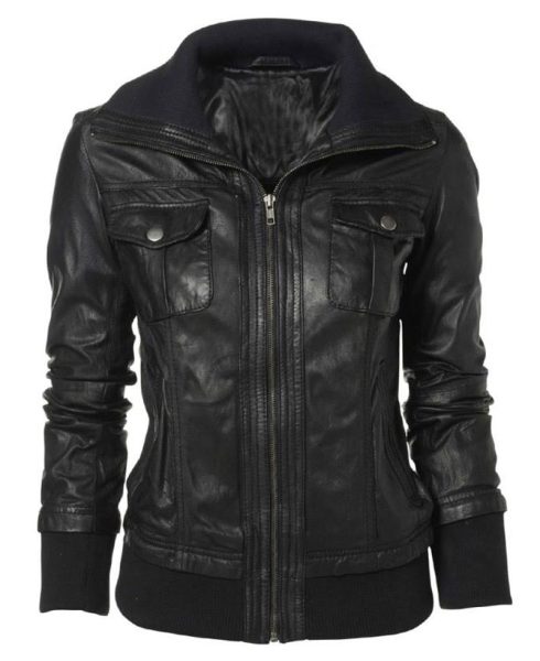 Women's Double Collar Bomber Leather Jacket