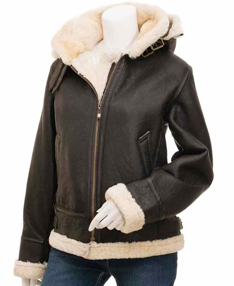 Women's Shearling Brown Leather Jacket with Hood