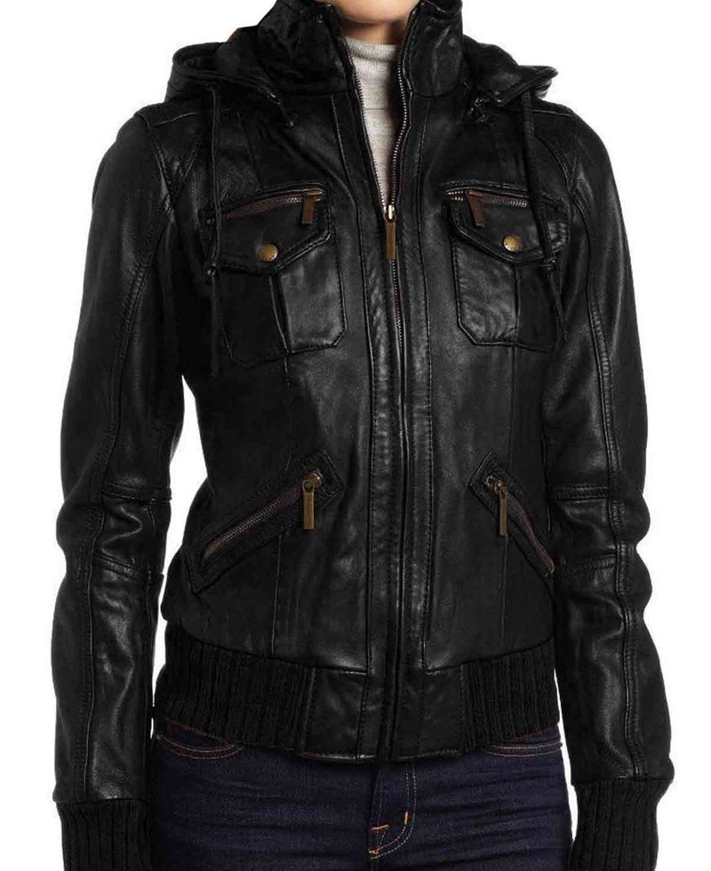 Women's Casual Bomber Black Leather Jacket with Hoodie