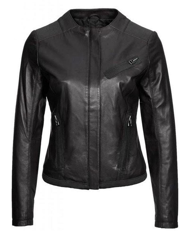 Casual Wear Collarless Black Leather Jacket for Women