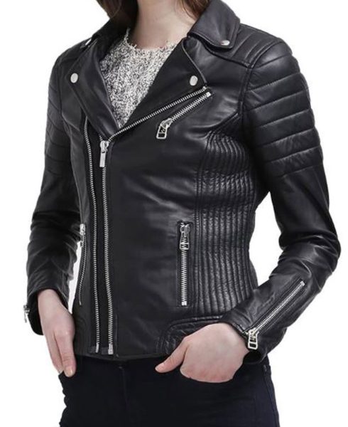 Women's FJ029 Motorcycle Zipper Pockets Black Leather Jacket
