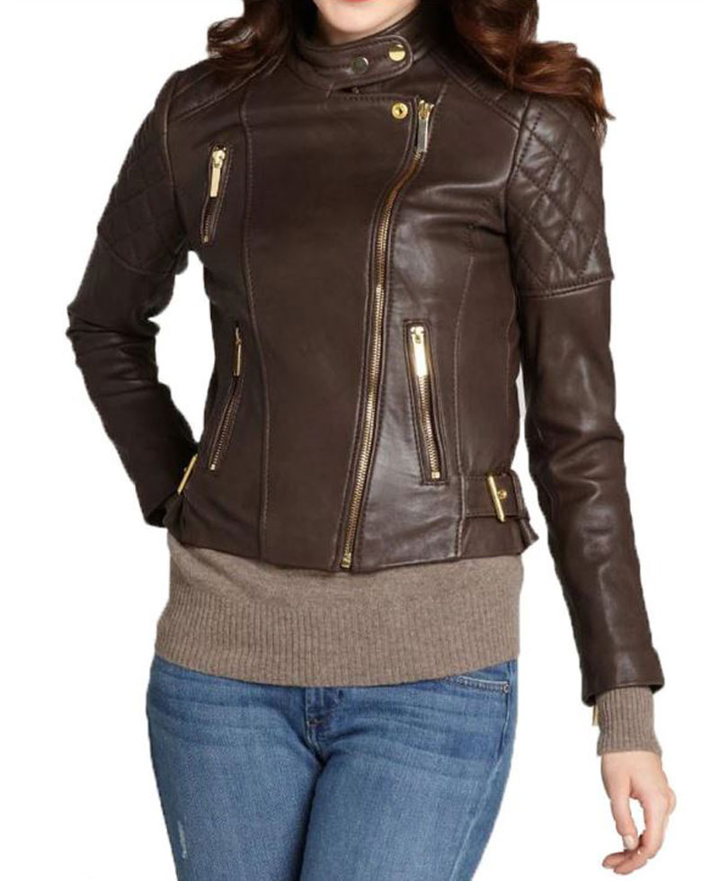 Women's FJ030 Motorcycle Asymmetrical Quilted Brown Leather Jacket