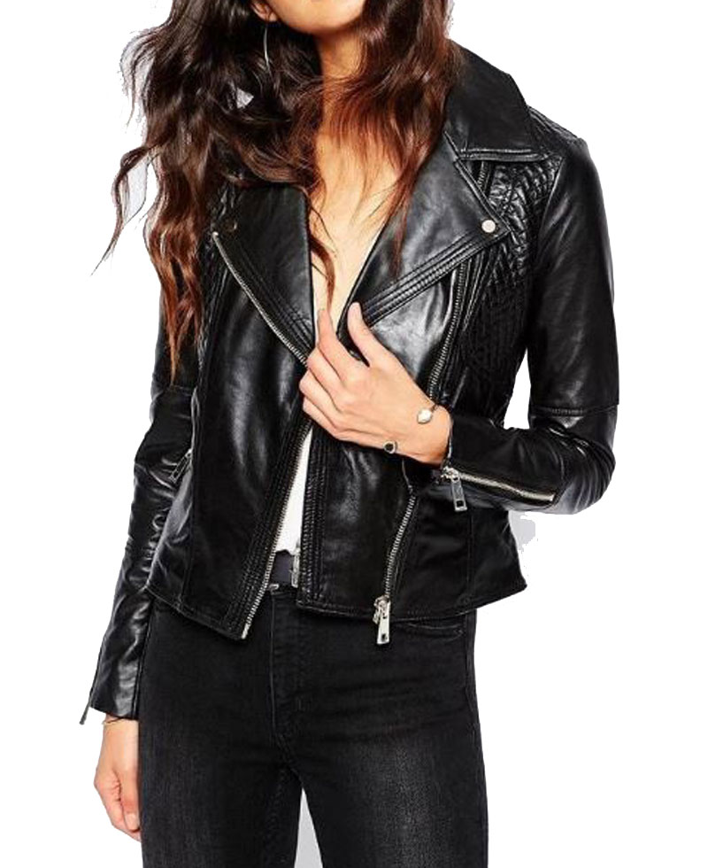 Womens FJ035 Biker Designer Quilted Black Leather Jacket