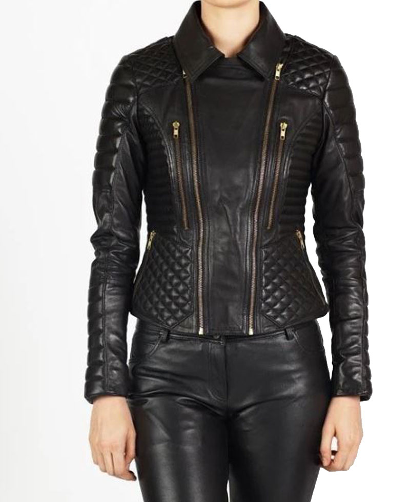 Women's FJ037 Padded and Quilted Motorcycle Black Leather Jacket