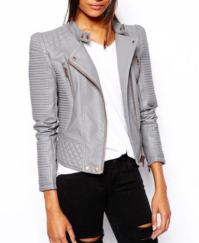 Women's FJ040 Padded Biker Asymmetrical Grey Leather Jacket