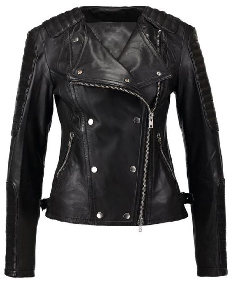 Women's FJ042 Double Breasted Motorcycle Black Leather Jacket