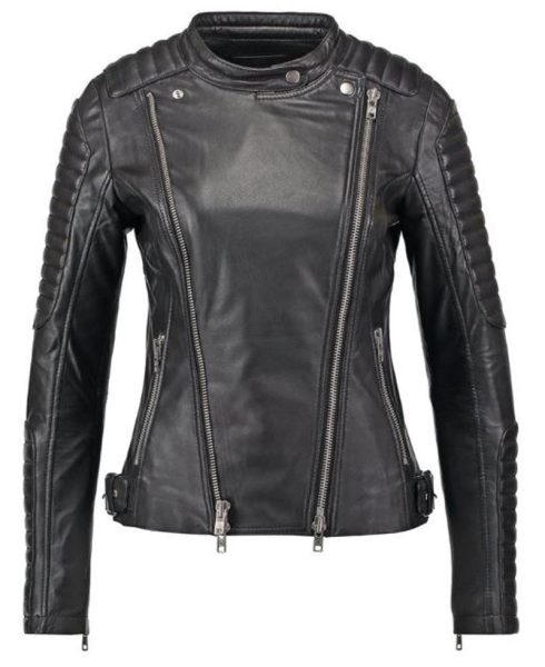 Women's FJ045 Biker Snap Tab Collar Padded Black Leather Jacket