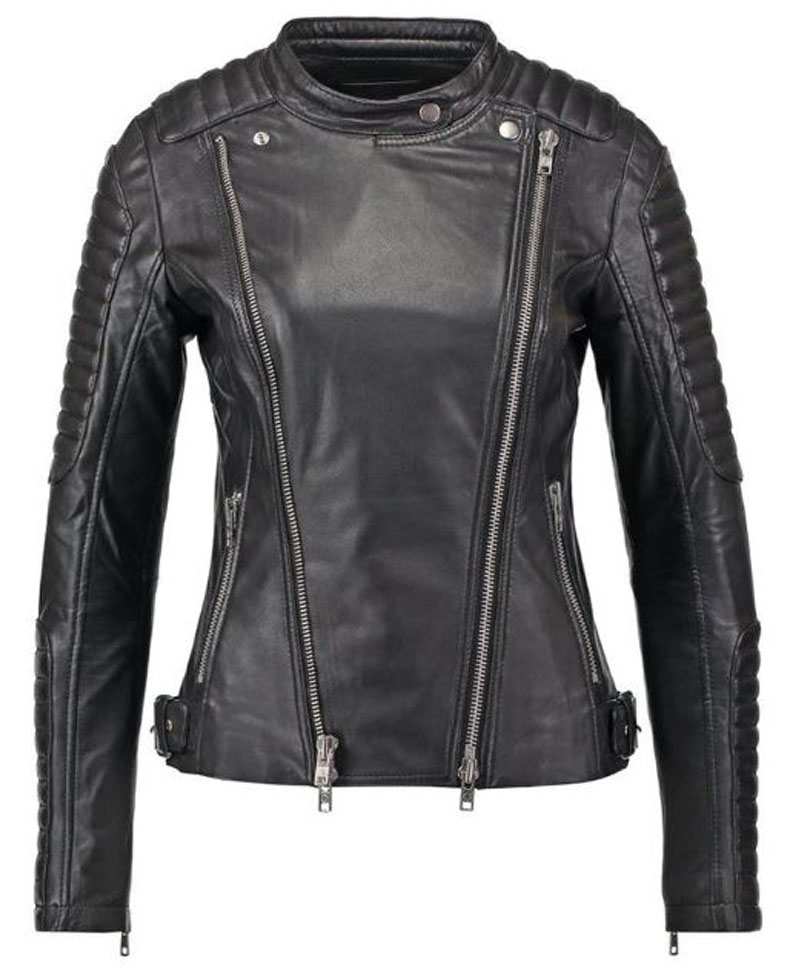 Women's FJ045 Biker Snap Tab Collar Padded Black Leather Jacket