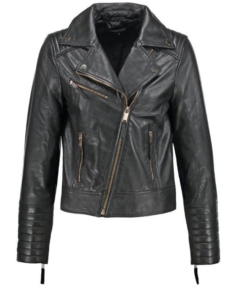Women's FJ046 Biker Asymmetrical Padded Style Black Leather Jacket