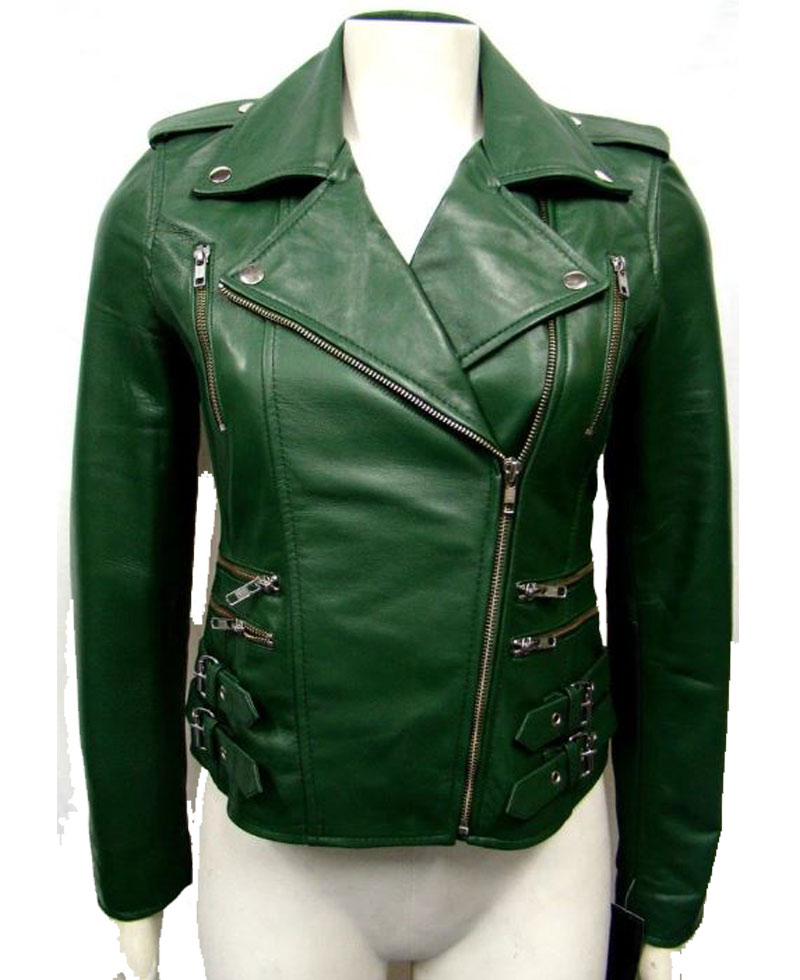 Women's FJ048 Buckle Style Asymmetrical Green Motorcycle Leather Jacket