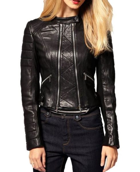 Women's FJ055 Motorcycle Designer Padded Black Leather Jacket