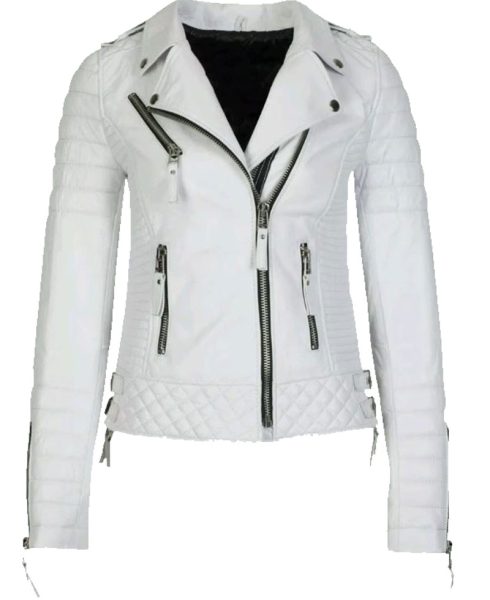 Women's FJ060 Quilted and Padded Motorcycle White Leather Jacket