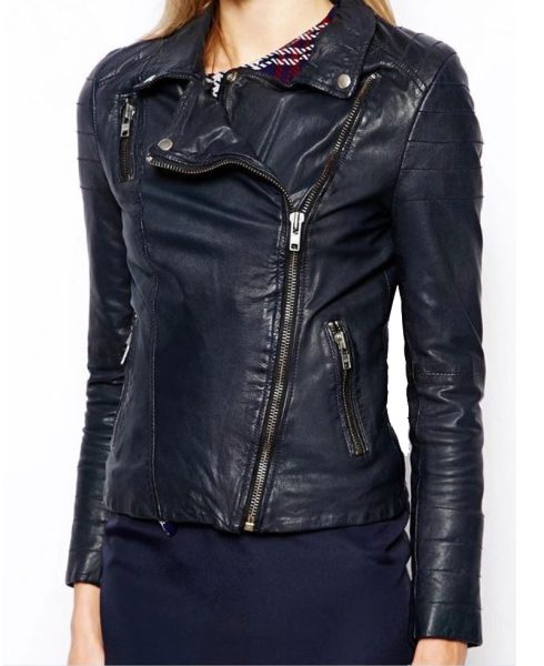 Women's FJ064 Asymmetrical Motorcycle Navy Blue Leather Jacket