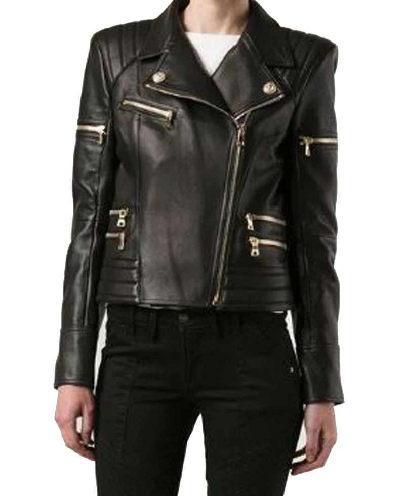 Women's FJ073 Padded Motorcycle Black Leather Jacket