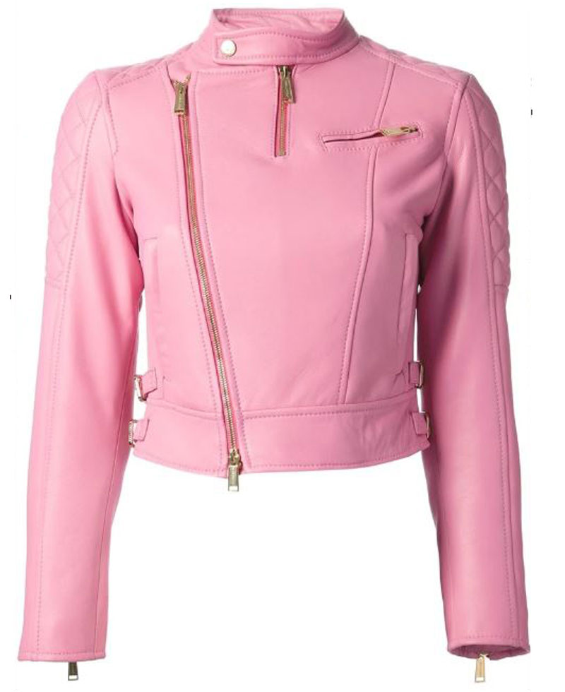 Women's FJ076 Biker Quilted Asymmetrical Pink Leather Jacket