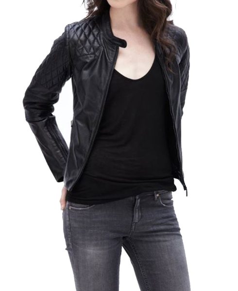 Women's FJ078 Quilted Black Leather Motorcycle Jacket