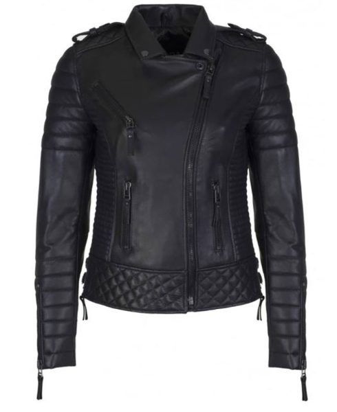 Women's FJ085 Quilted and Padded Black Leather Motorcycle Jacket