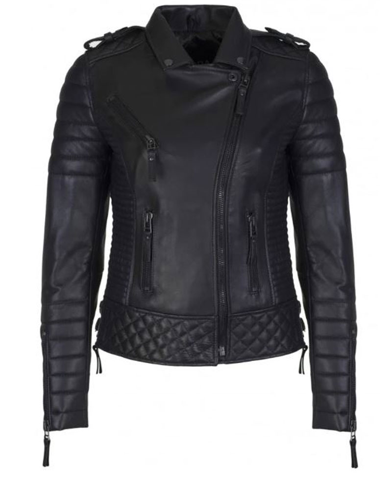 Women's FJ085 Quilted and Padded Black Leather Motorcycle Jacket