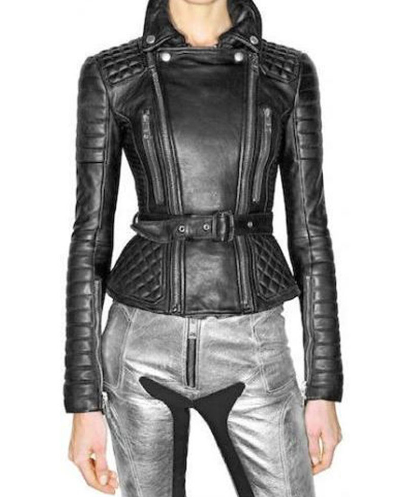 Women's FJ093 Biker Padded Belted Black Leather Jacket