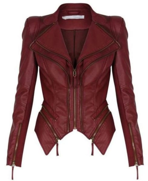 Women's FJ348 Tuxedo Motorcycle Zipper Burgundy Leather Jacket