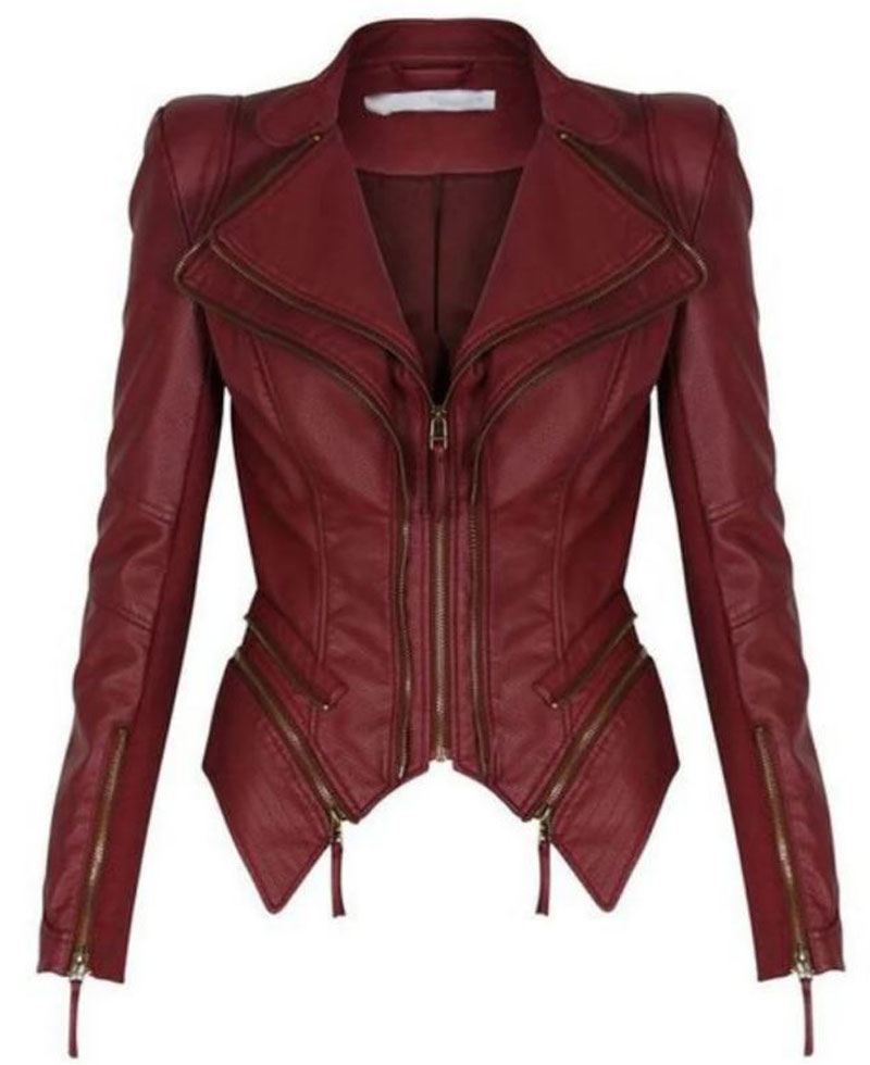 Women's FJ348 Tuxedo Motorcycle Zipper Burgundy Leather Jacket