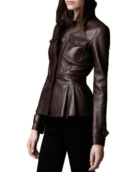 Women's FJ356 Designer Peplum Chocolate Brown Leather Jacket
