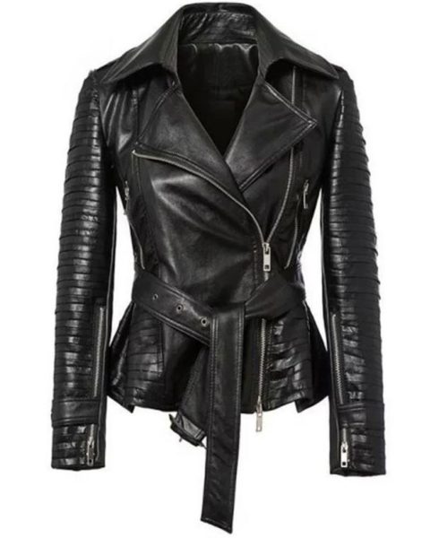 Women's FJ358 Belted Asymmetrical Zipper Black Leather Jacket