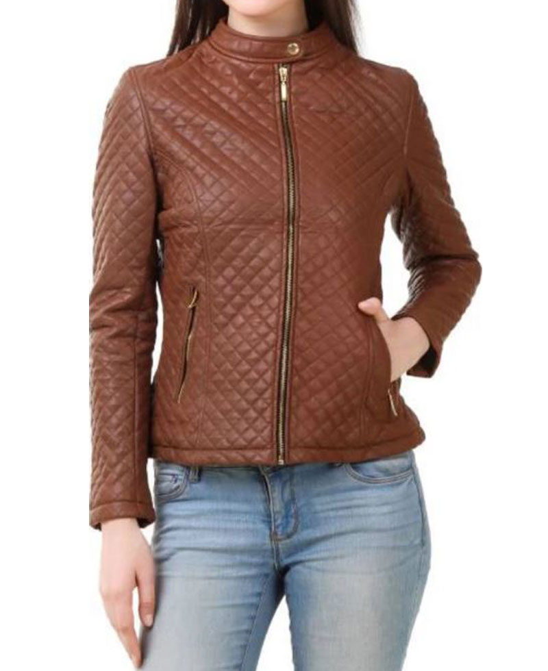 Women's FJ380 Quilted Casual Brown Leather Jacket