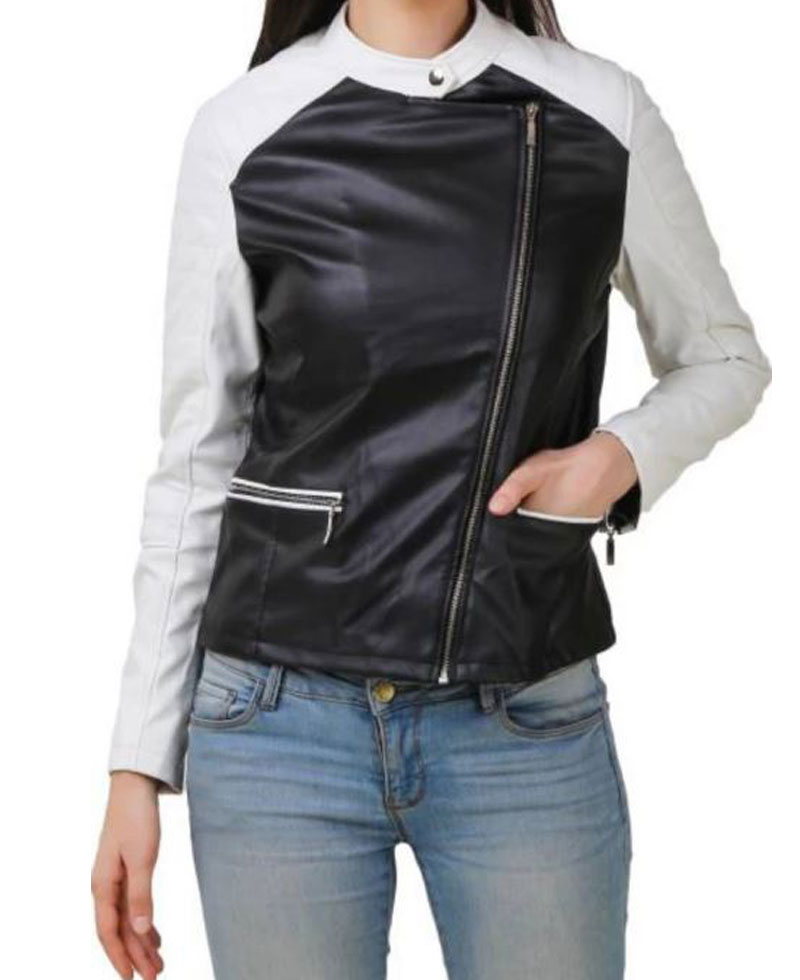 Women's FJ397 Motorcycle White and Black Leather Jacket
