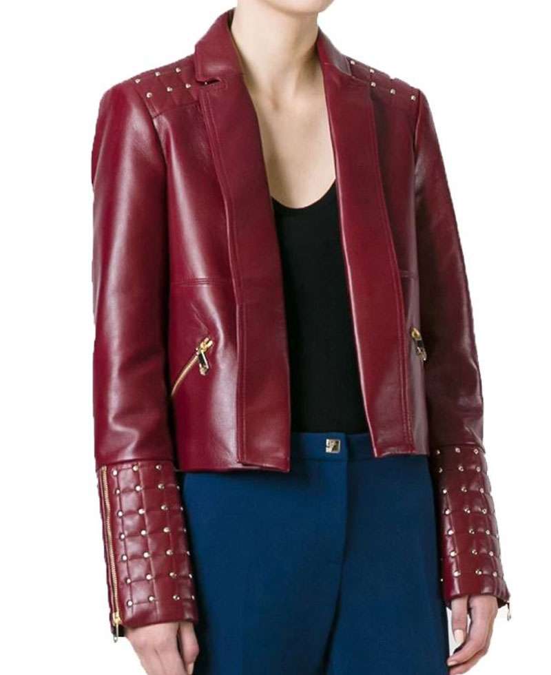 Women's FJ479 Designer Burgundy Golden Studded Leather Jacket