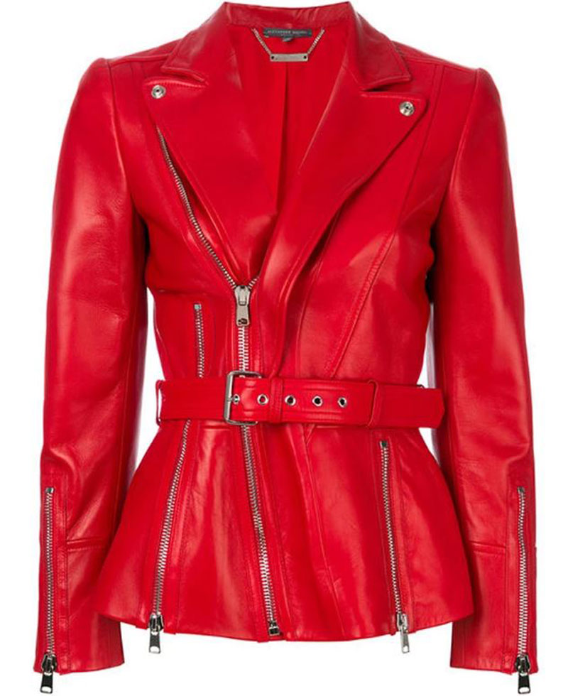 Women's FJ548 Belted Blazer Style Red Leather Biker Jacket