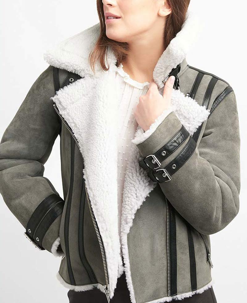 Women's Grey Suede Motorcycle Shearling Jacket
