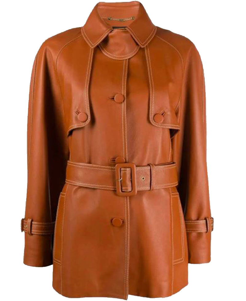 Women’s Belted Mid-Length Leather Brown Coat