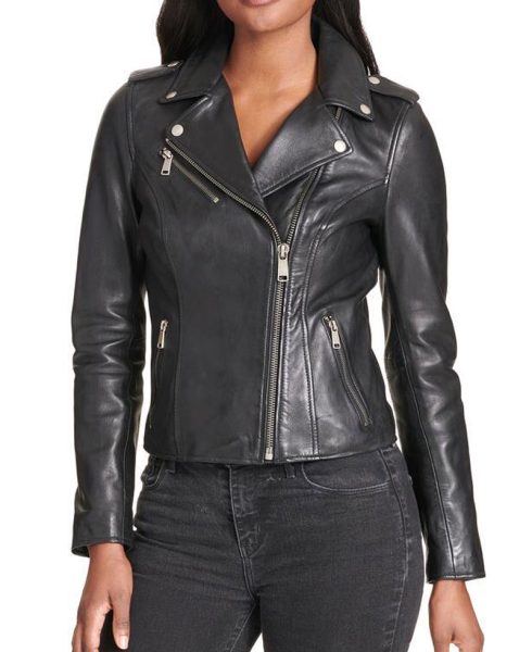 Women's Motorcycle Snap Details Asymmetrical Black Leather Jacket