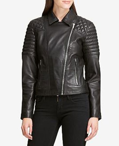 Women's Quilted Shoulder Black Leather Moto Jacket