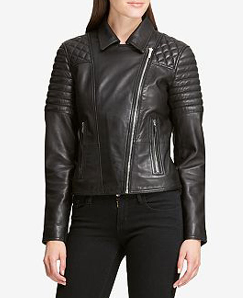 Women's Quilted Shoulder Black Leather Moto Jacket