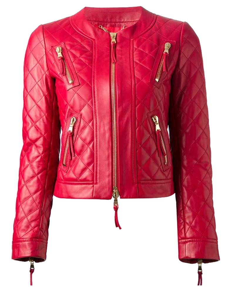 Women's Collarless Diamond Quilted Red Leather Jacket
