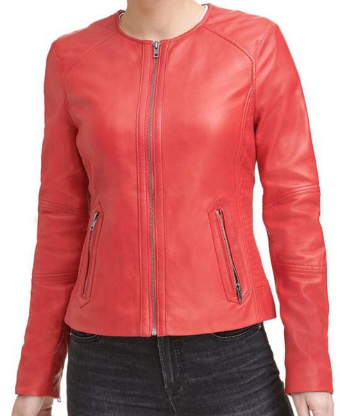 Women's Round Neck Red Leather Jacket
