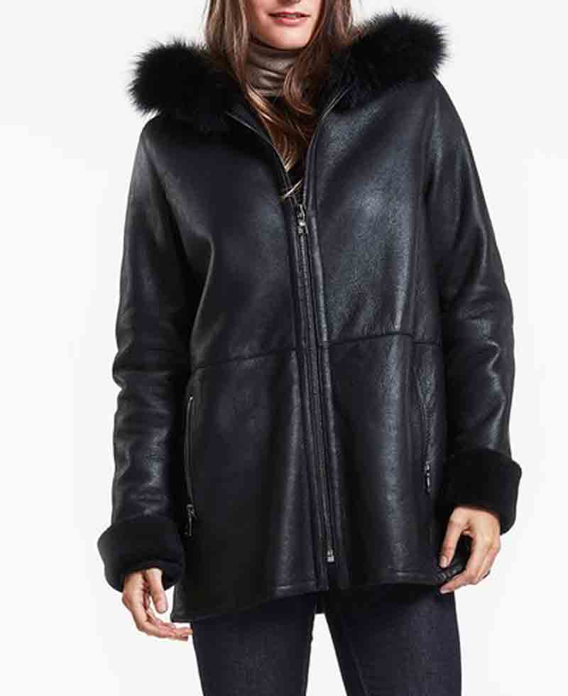 Women's Stylish Shearling Black Leather Jacket With Hoodie