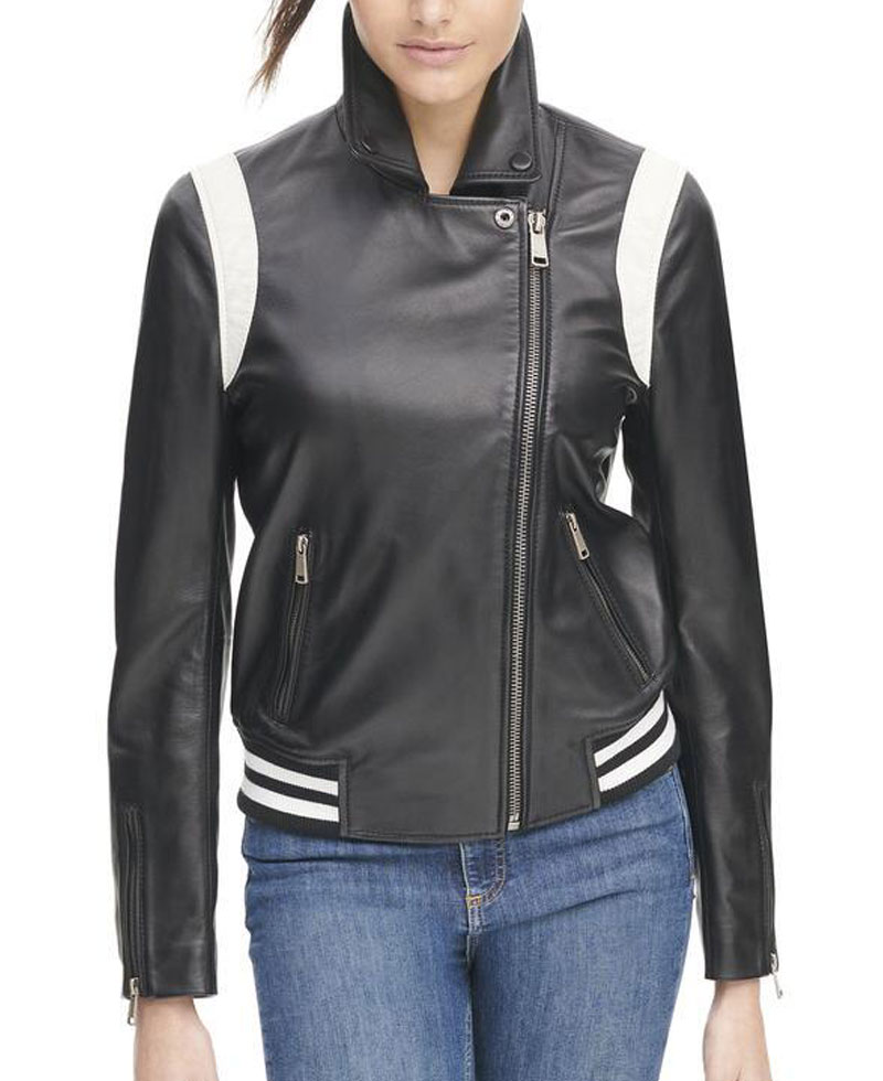 Women's White Striped Bomber Asymmetrical Black Leather Jacket