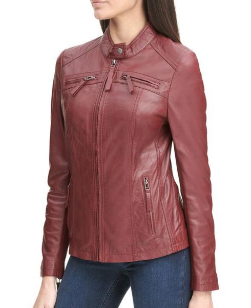 Women's Zipper Pockets Scuba Red Leather Jacket