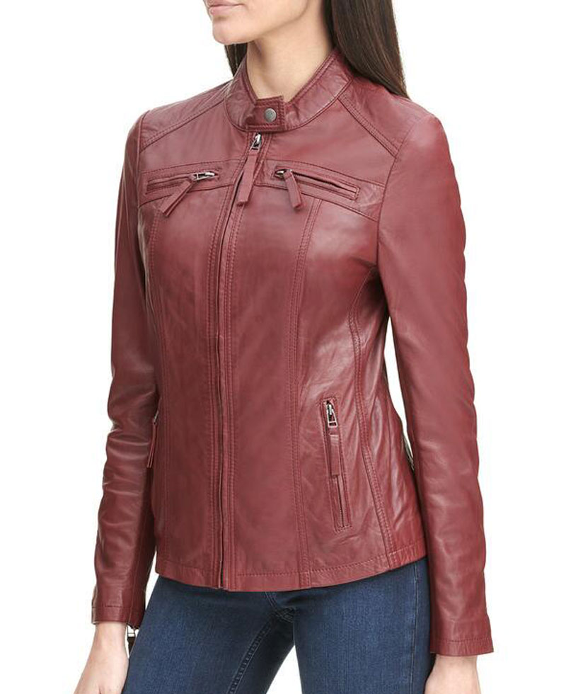 Women's Zipper Pockets Scuba Red Leather Jacket